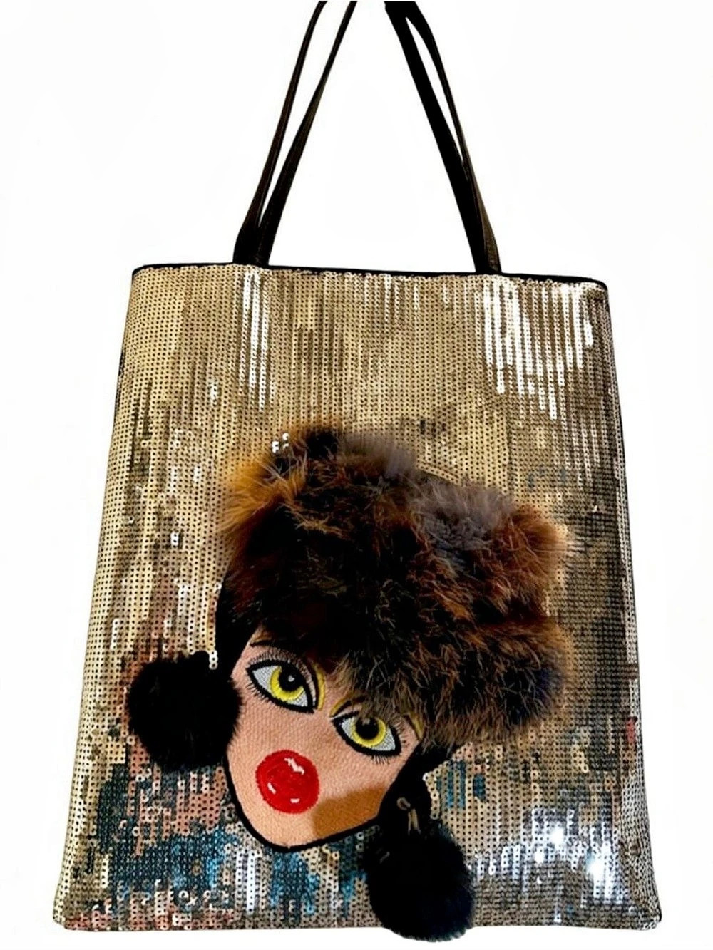 Furr ‘Pom Pom Lady’ Silver Sequence Tote Bag Zip Close NEW